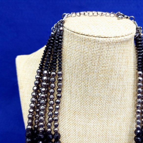Necklace Bib Collar 7 Strand Multi-facet Beads Silver Black Fashion Jewelry 16" - Picture 3 of 7